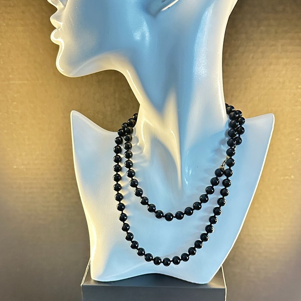 Long Black Beaded Necklace w/ Gold-Tone Clasp – Classic Statement – 30”
